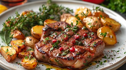 A plate of Saltimbocca alla Romana garnished with fresh herbs and served with roasted potatoes