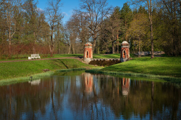 View of the Turkish (Red) cascade on the Upper Ponds in the Catherine Park of Tsarskoye Selo on a...