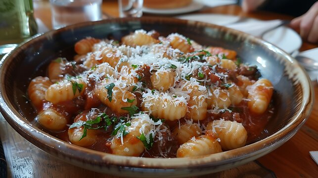 Gnocchi Con Sugo Di Carne in a rich meat sauce, topped with grated Parmesan cheese