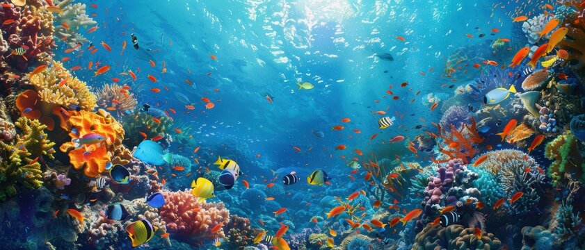 Panoramic view of the coral reef. Animals of the underwater sea world, under water background