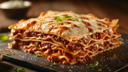 A delicious slice of Lasagne with layers of pasta, meat, and cheese