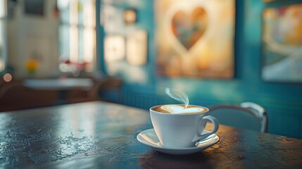 Fototapeta premium In the morning at the cafe, a steaming mug of black coffee or white tea, with its rich aroma and smoky steam, sits isolated against the background, offering a hot, caffeinated beverage perfect