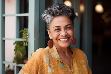 portrait of a beautiful older Hispanic woman smiling at the camera