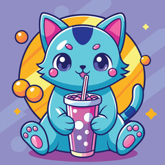 cute cat drinking bubble tea retro pop style vector illustration