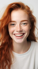  closeup portrait of amazing young red hair woman attractive appearance isolated over colorful background