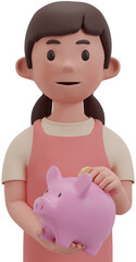 3d girl putting coin into piggy bank. Saving concept.