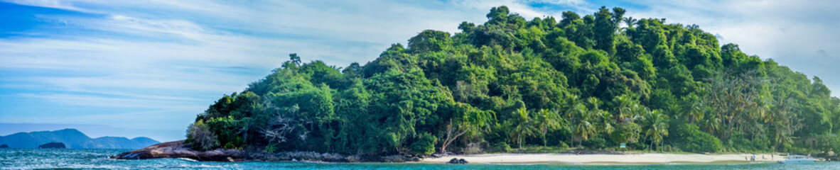 Naklejka premium Serene Tropical Island Panorama with Lush Greenery