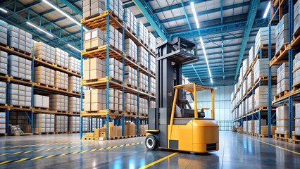 A forklift performing warehouse storage through AI automation. Robots applied in industrial logistics services.