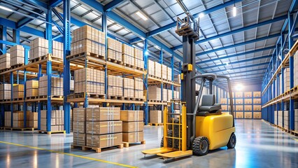 A forklift performing warehouse storage through AI automation. Robots applied in industrial logistics services.