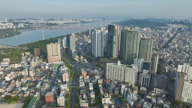 Drone View of Seoul city in South Korea, Hapjeong Station, Hot place, Summer, 60fps