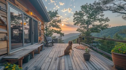 Fototapeta premium Golden Retriever Enjoys Mountain View from Deck