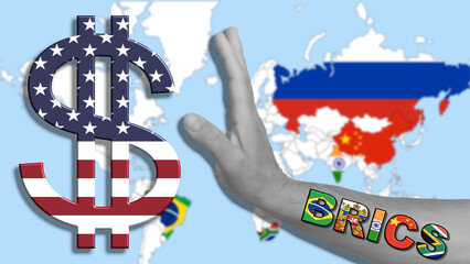 Russia blocks exchanges in US Dollars, BRICS against the American Dollar, the background a blurred map of the BRICS countries