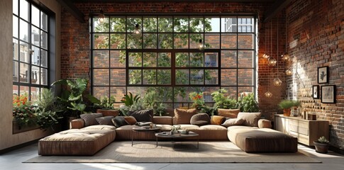 Urban oasis meets rustic charm: a sunlit loft, lush greenery blending with exposed brick, creating a serene retreat in the heart of the city.