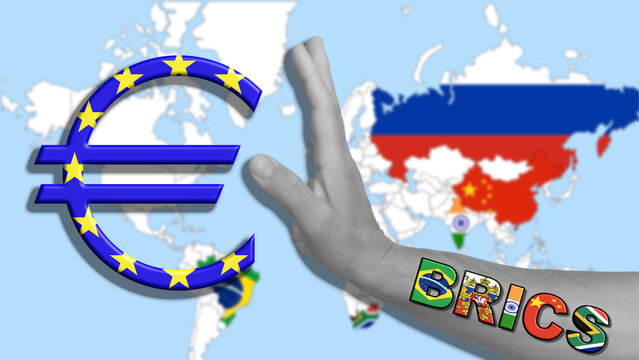 Russia blocks exchanges in euros, BRICS against the European euro, the background a blurred map of the BRICS countries - Powered by Adobe