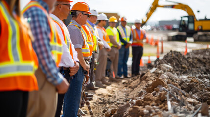 Naklejka premium Group of construction workers wearing safety gear stand on a construction site, highlighting teamwork and safety protocols.