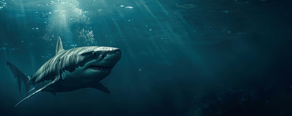 Killer Shark swimming underwater under sea life with sunbeams 