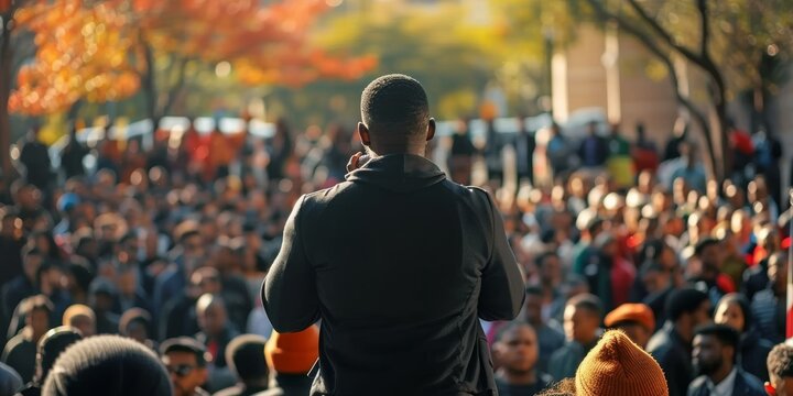 A Public Speaker Advocating for Criminal Justice Reform at a Crowd Rally Promoting and Social Change 