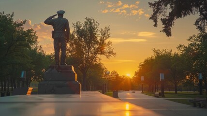 Patriot Day Tribute: Soldier Statue Saluting at Sunrise in Peaceful Park Setting