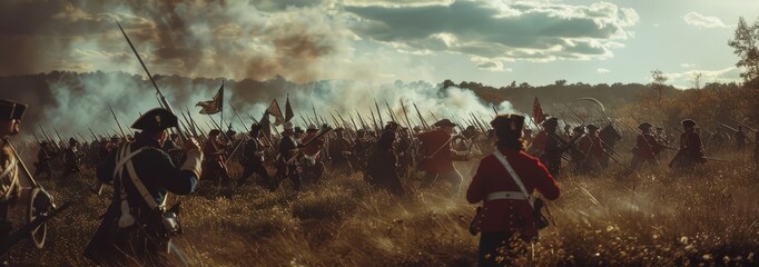 Historical Reenactment of a Revolutionary War Battle on Patriot Day with Soldiers in Authentic Uniforms