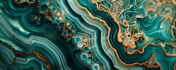 Natural green and gold agate stone texture, abstract background. Luxury gemstone with intricate patterns and vivid colors