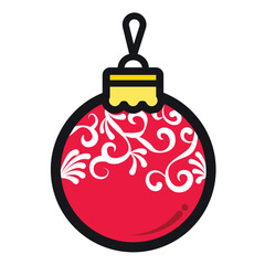 Red Christmas tree decoration ball colored icon illustration with outline isolated on square white background. Simple flat christmas decoration cartoon art styled object drawing.