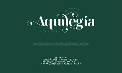 Aquilegia premium luxury elegant alphabet letters and numbers. Vintage wedding typography classic serif font decorative vintage retro. creative vector illustration