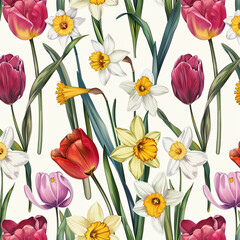 Bright tulips and daffodils, organic repeating pattern, detailed flowers, soft white background.