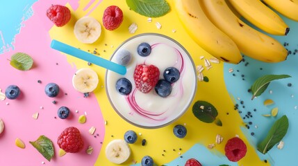 Delicious fresh fruit yogurt or smoothie splash wave with ripe banana and banana slices. Label, sticker, banner advertising element with yogurt, sour cream, milk, smoothie, banana. 3D. 