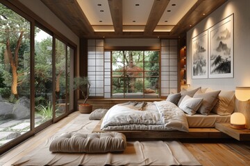 Fototapeta premium Serene Japanese-inspired bedroom with natural light and garden view. Tranquil ambiance perfect for relaxation.