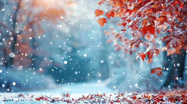 Snow gently falling on vibrant red autumn leaves in a serene winter forest, capturing the beauty of seasonal transition.