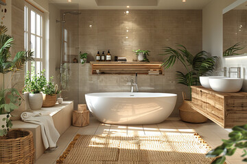 Light Bathroom Interior with Shower and Bathtub