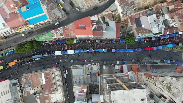 Aerial video over the capital city of La Paz in Blovia, South America