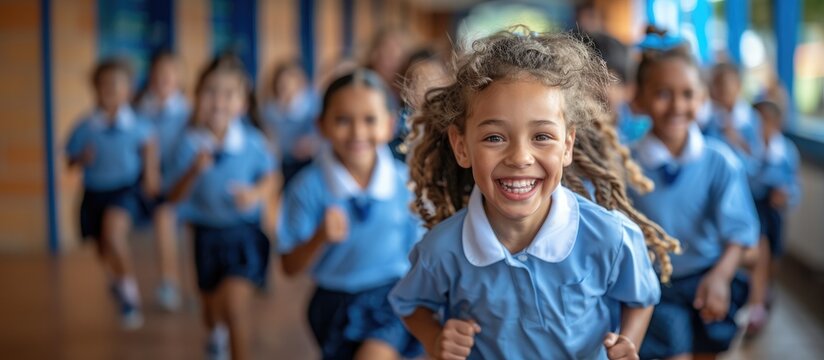 Portrait of group of smiling diverse primary school kids wearing same school uniform and running at school hallway.