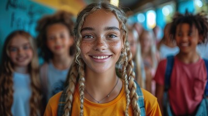 Fototapeta premium Portrait of group of smiling diverse schoolkids standing at school hallway. Back to school concept.