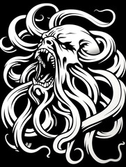 Fototapeta premium A skull with a mouth open and tentacles coming out of it. The skull is surrounded by tentacles and has a menacing look