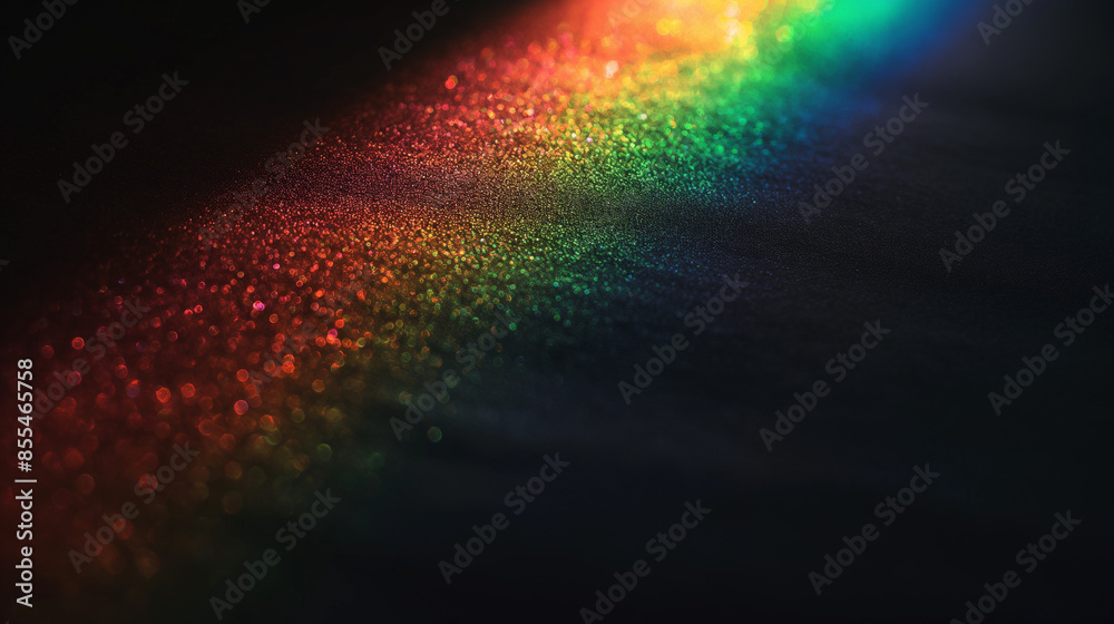 Canvas Prints The luminous spectrum of the rainbow on black background, very small and blurry in center of frame, textured and grainy