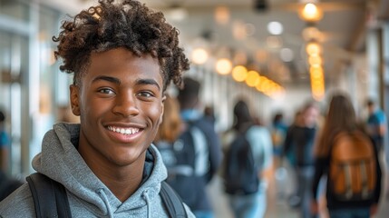 Fototapeta premium a smiling african american schoolboy wearing a backpack standing in school hallway and surrounded by other students .