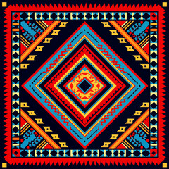 print design in the style of ethnic carpet patterns, Aztec art and African textile designs. Red blue yellow orange