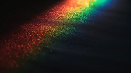 The luminous spectrum of the rainbow on black background, very small and blurry in center of frame, textured and grainy