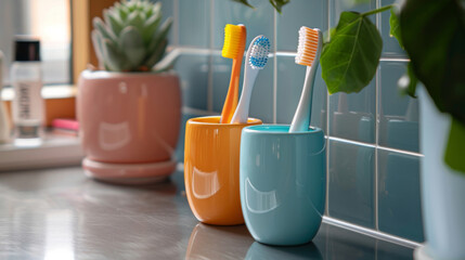 Two colorful toothbrushes in orange and blue cups on a bathroom counter, with plants and a tiled background.