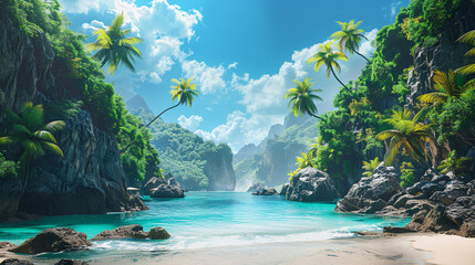 Fototapeta premium Paradise Found: Secluded Pirate Island Escape with Pristine Beach and Rugged Cliffs for Adventure or Travel Concepts