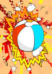 Cartoon Beach Ball, comic book Summer Toy. Retro vector comics pop art design.