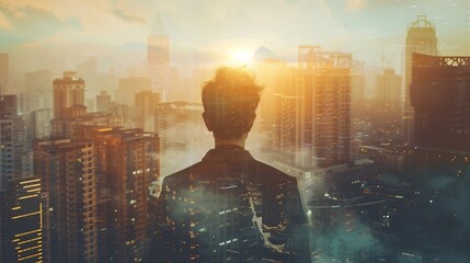 Double Exposure Portrait Head Shot of Businessman Standing Back with Cityscape Overlay, Minimalist