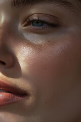Naklejka premium Detailed Close-Up of a Young Woman in Her 20s with Glowing, Healthy Skin, Without Makeup