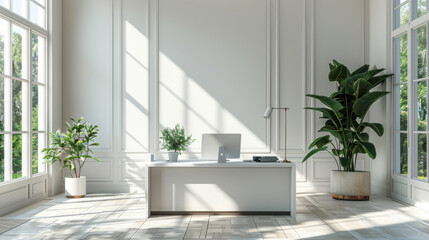Fototapeta premium A large, clean, and empty office with a desk and a potted plant