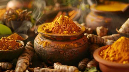Fototapeta premium A culinary scene showing turmeric being used in cooking, with dishes like curry or golden milk being prepared