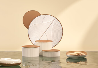 Abstract platform golden podium on water background. Stone pedestal premium podium with stone circle behind. Stage showcase on pedestal display beige studio, exhibitions, cosmetic of products	
