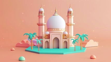 3D illustration lowpolly wallpaper for Islamic mosques, cute shapes, pastel colors, for Ramadan theme banners. Eid Fitr, Islamic New Year, Eid al-Adha, HD, 16K, 