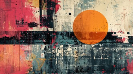 Abstract art with bold geometric shapes and vibrant colors, featuring a large orange circle against a layered background.