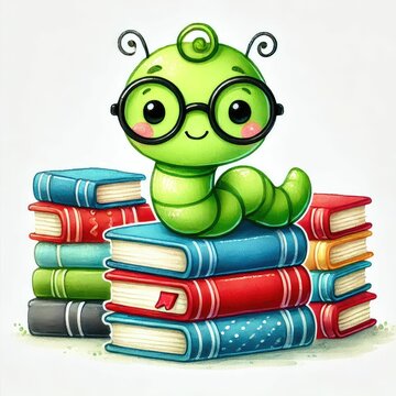 Bookworm clipart with glasses and a stack of books.. watercolor illustration, Perfect for nursery art, simple clipart, single object, white color background.